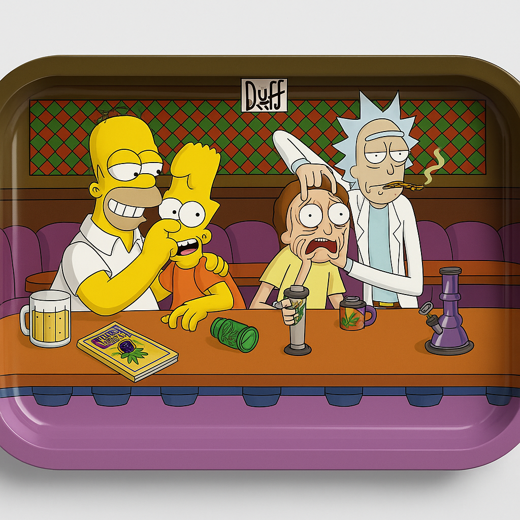Simpsons x Rick and Morty Rolling Tray – Moe’s Tavern Crossover Design - DayDreamz Smoke Shop