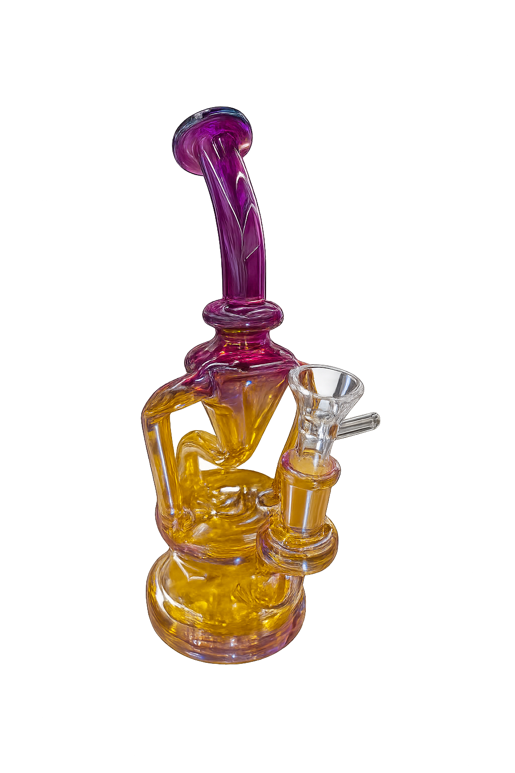 High Up Glass Iridescent Curved Neck Recycler Bong – Premium Pink & Gold Water Pipe - DayDreamz Smoke Shop