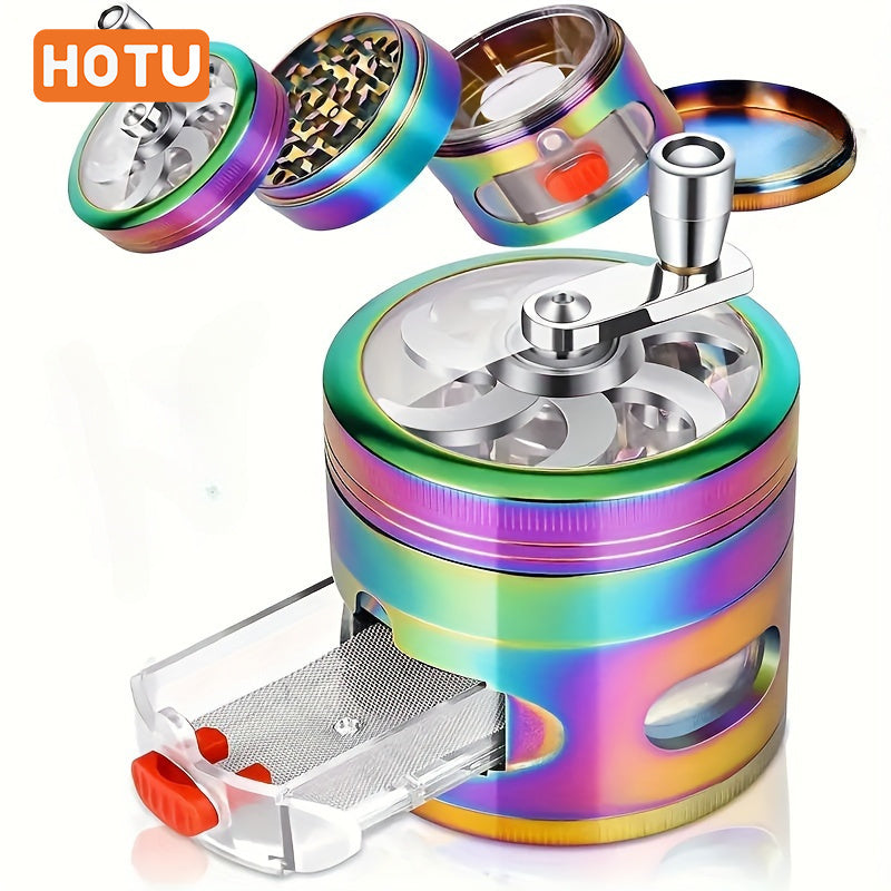 HOTU 1pc Spice Grinder, 4-layer Spice Grinder, Creative Grinder, Colorful Hand-cranked Metal Grinder For Kitchen, Spice Grinders, Multifunctional Spice Crusher, Kitchen Gadgets, Kitchen Supplies