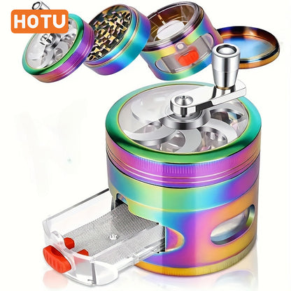 HOTU 1pc Spice Grinder, 4-layer Spice Grinder, Creative Grinder, Colorful Hand-cranked Metal Grinder For Kitchen, Spice Grinders, Multifunctional Spice Crusher, Kitchen Gadgets, Kitchen Supplies