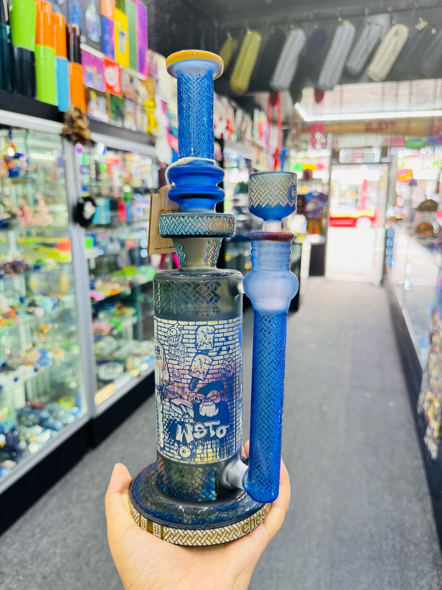Cheech Blue Sandblasted Graffiti Artist Water Pipe