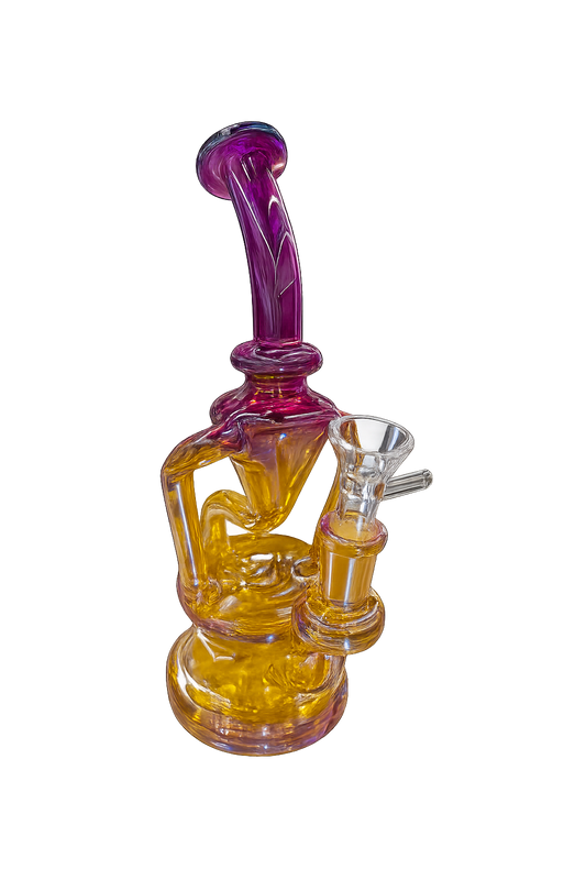 High Up Glass Iridescent Curved Neck Recycler Bong – Premium Pink & Gold Water Pipe - DayDreamz Smoke Shop