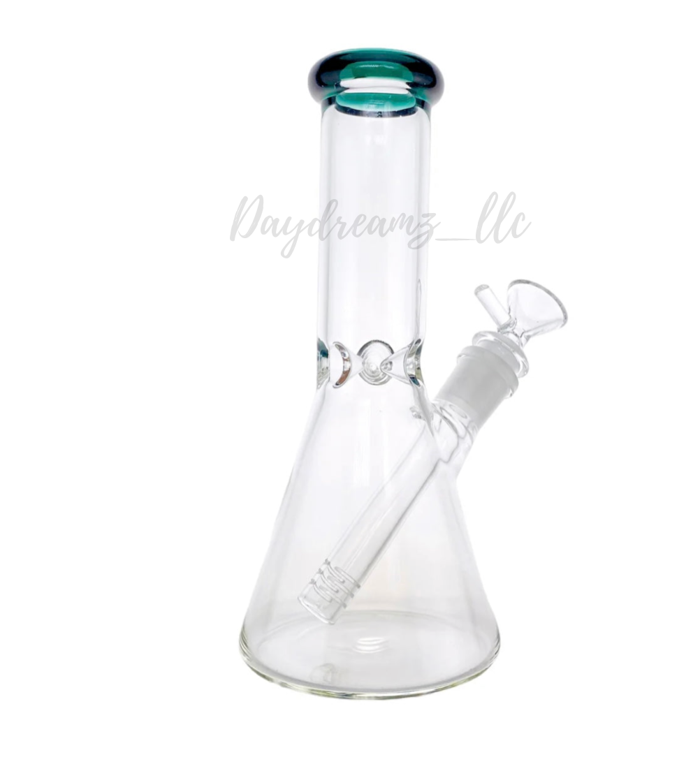 8 Inch Clear Beaker Bong With Lake Green Color Lip