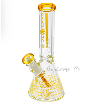 Diamond Glass 12” Beaker Bong – Amber Yellow Honeycomb Design, 9mm Thick Glass