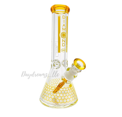 Diamond Glass 12” Beaker Bong – Amber Yellow Honeycomb Design, 9mm Thick Glass