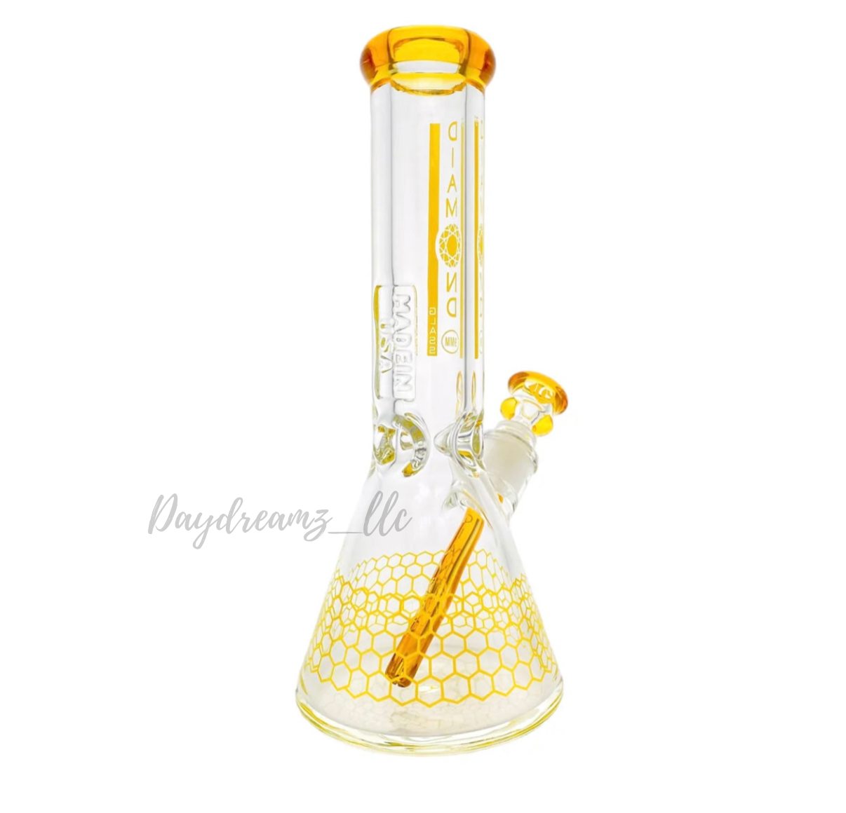 Diamond Glass 12” Beaker Bong – Amber Yellow Honeycomb Design, 9mm Thick Glass