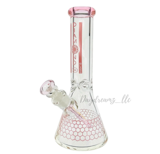 Diamond Glass 12” Pink Beaker Bong with Honeycomb Design – 9mm Thick Glass