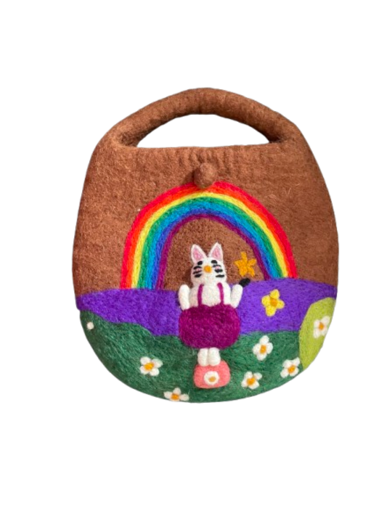 Rainbow Cat on Mushroom Felt Bag
